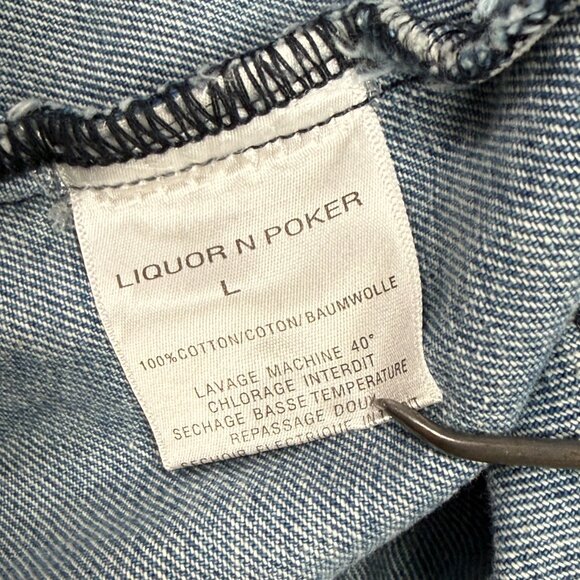 Liquor N Poker Cut and Sew Denim Jacket Colorblock Blue Cotton Size L NWT - Picture 13 of 14
